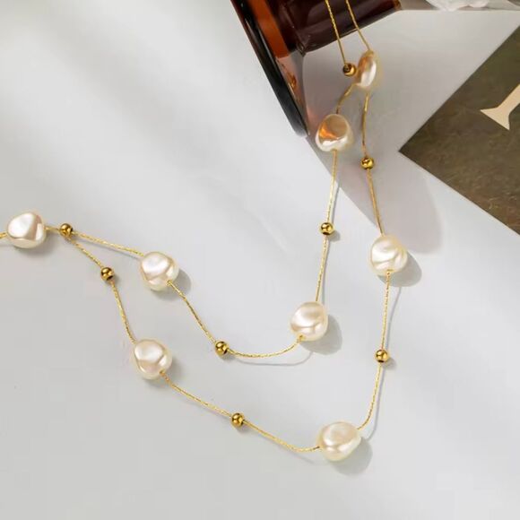 Gold Faux Pearl Multi Layered Necklace - Picture 3 of 5